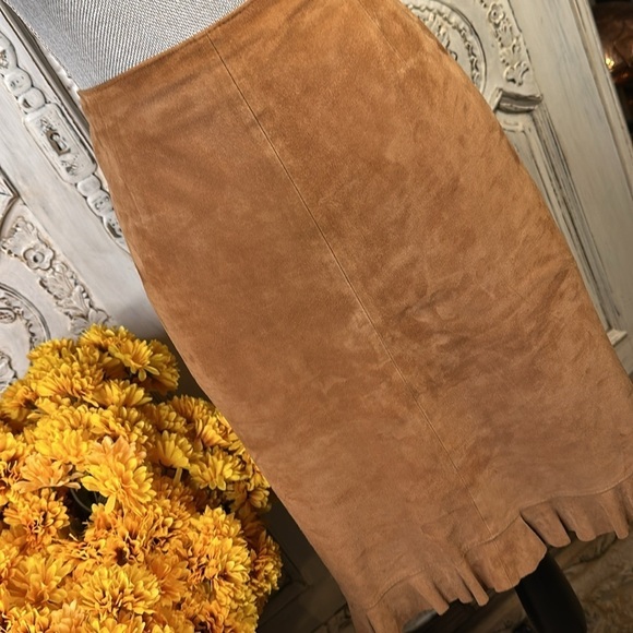 VS2 100% Camel GOAT Suede Ruffled Hem Cowgirl Boho Prairie Peasant Skirt S/12 - Picture 2 of 9